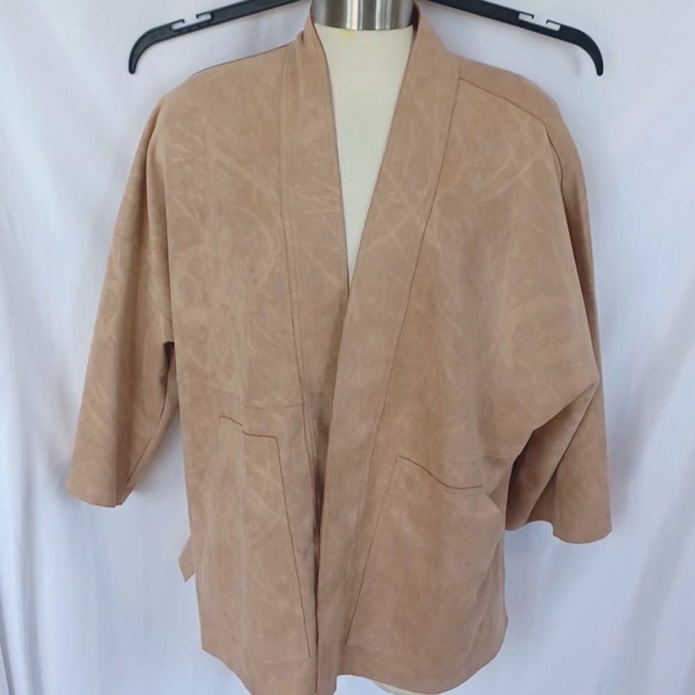 Solitaire Faux Suede Jacket Open Front Cardigan M Tan, 26" PTP, 27" L